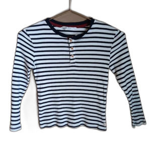 H&M Boys Henley striped long sleeve T-shirt Buttons Size 6X/7 Navy Blue Ivory